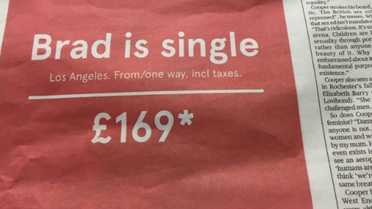 Επική διαφήμιση αεροπορικής: Ο Μπραντ είναι single, πηγαίνετε με 196 ευρώ!