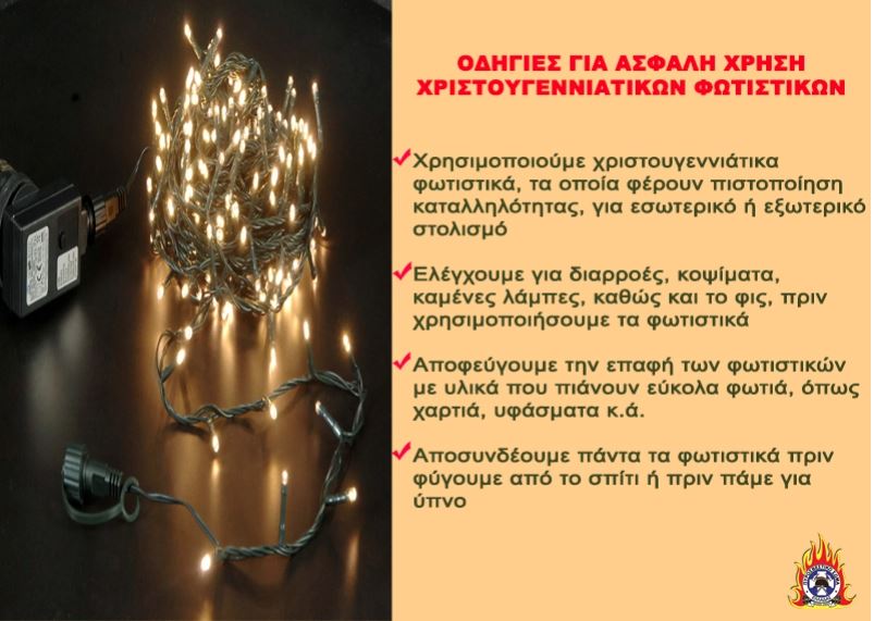 Οδηγίες για τα χριστουγεννιάτικα λαμπάκια και την ασφαλή χρήση τους εξέδωσε το Πυροσβεστικό Σώμα. Αναλυτικά οι οδηγίες: Χρησιμοποιούμε χριστουγεννιάτικα φωτιστικά τα οποία φέρουν πιστοποίηση καταλληλότητας, για εσωτερικό ή εξωτερικό στολισμό. Ελέγχουμε για διαρροές, κοψίματα, καμένες λάμπες, καθώς και το φις, πριν χρησιμοποιήσουμε τα φωτιστικά. Αποφεύγουμε την επαφή των φωτιστικών με υλικά που πιάνουν εύκολα φωτιά, όπως χαρτιά, υφάσματα κ.α. Αποσυνδέουμε πάντα τα φωτιστικά πριν φύγουμε από το σπίτι ή πριν πάμε για ύπνο.