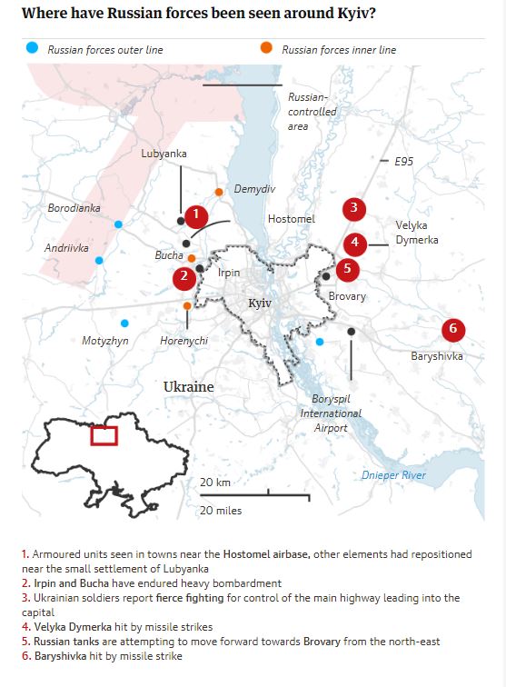 Στον χάρτη που δημοσιεύει ο Guardian καταγράφεται η συγκέντρωση ρωσικών δυνάμεων γύρω από την πρωτεύουσα 