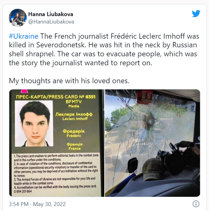 Τεθωρακισμένο όχημα μεταφοράς προσωπικού επλήγη από θραύσματα ρωσικής οβίδας, σκοτώνοντας έναν Γάλλο δημοσιογράφο