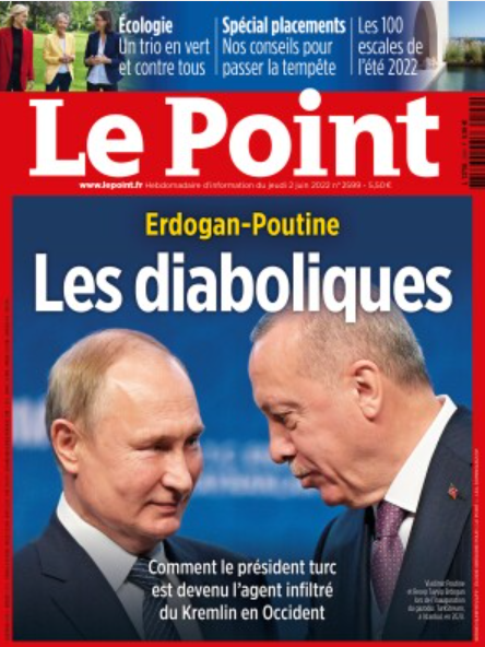 Το περιοδικό Le Point με εκτενές αφιέρωμα στις σχέσεις Τουρκίας- Ρωσίας και τίτλο  "Ερντογάν Πούτιν οι διαβολικοί" 