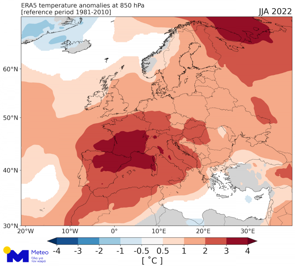  Γράφημα 1: Θερμοκρασιακές αποκλίσεις στο ισοβαρικό επίπεδο των 850 hPa (~1500 μέτρα πάνω απο την επιφάνεια) κατα τους καλοκαιρινούς μήνες (Ιούνιο-Αύγουστο) του 2022 για την Ευρώπη. 