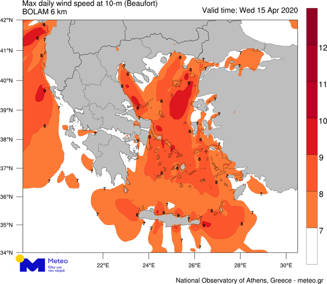 Περιοχές όπου ο άνεμος θα ξεπεράσει τα 7 μποφόρ (πορτοκαλί και κόκκινη σκίαση) τη Μ. Τετάρτη 15/04