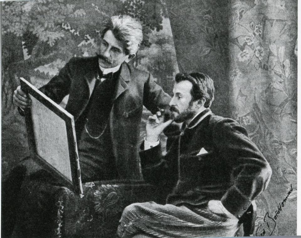 Ο Φρεντερίκ Μπουασονά με τη χαρακτηριστική πλούσια κόμη του αριστερά δείχνει ένα πίνακα στον φίλο του Ντανιέλ Μπο-Μποβί. Γενεύη 1907. (φωτογραφια: wikipedia.org)