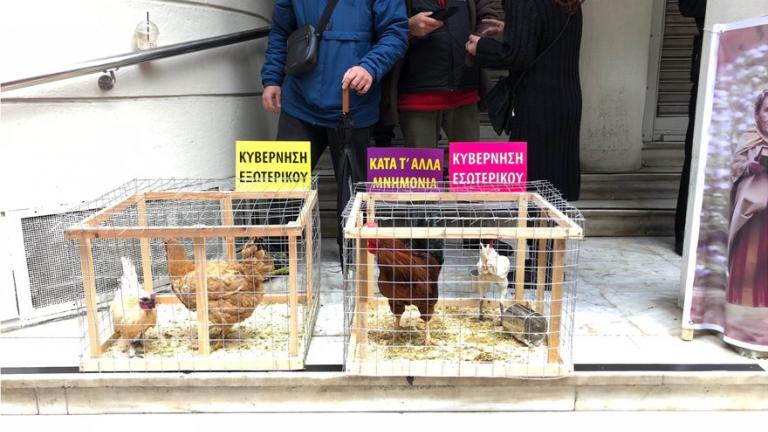 Με κόκορες και κότες η διαμαρτυρία γιατρών και νοσηλευτών στο υπουργείο Υγείας