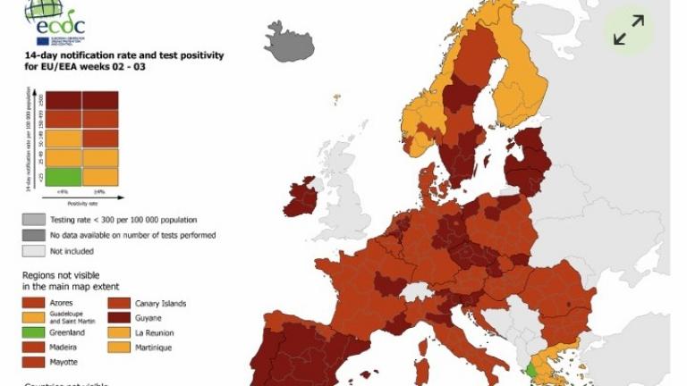 Η Ελλάδα παραμένει η μοναδική ευρωπαϊκή χώρα με "πράσινες" περιοχές στους εβδομαδιαίους χάρτες του ECDC