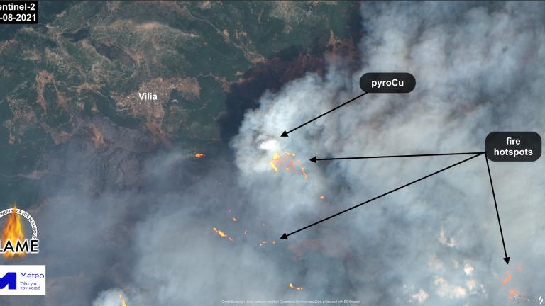 Εικόνα από την "έκρηξη" της δασικής πυρκαγιάς στα Βίλια Αττικής