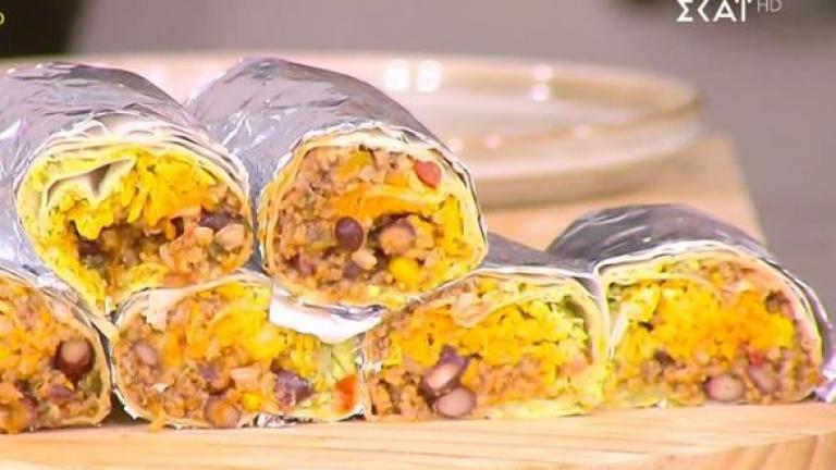 Burritos με chili con carne και guacamole