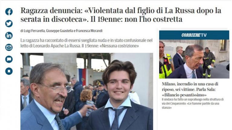 O γιός του προέδρου της ιταλικής γερουσίας κατηγορείται από κοπέλα είκοσι δυο ετών για βιασμό	