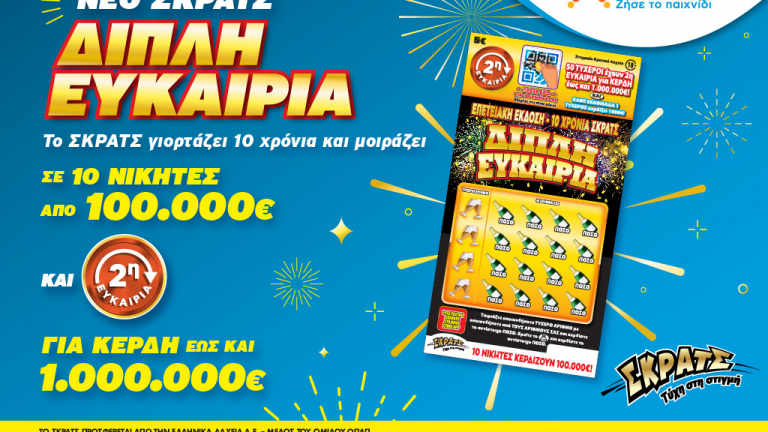 Το ΣΚΡΑΤΣ κλείνει τα δέκα και το γιορτάζει με το επετειακό παιχνίδι «Διπλή Ευκαιρία» - Μοιράζει σε 10 νικητές από 100.000 ευρώ και δίνει δεύτερη ευκαιρία για κέρδη έως 1.000.000 ευρώ