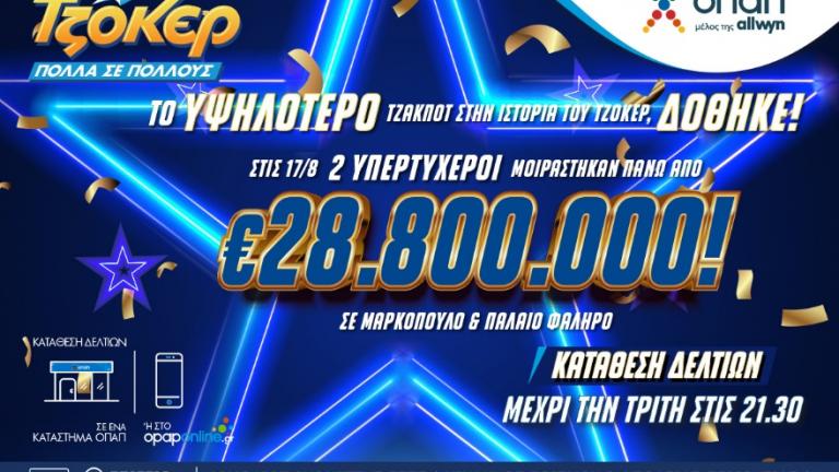 Το υψηλότερο τζακ ποτ στην ιστορία του ΤΖΟΚΕΡ δόθηκε – Δύο υπερτυχεροί μοιράστηκαν πάνω από 28,8 εκατ. ευρώ παίζοντας σε καταστήματα ΟΠΑΠ στο Μαρκόπουλο και το Παλαιό Φάληρο