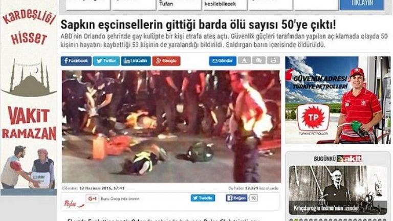 “Διεστραμμένους” αποκαλεί τους νεκρούς στο Ορλάντο τουρκική εφημερίδα που στηρίζει  Ερντογάν και ISIS