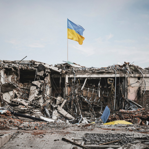 ukraine war flag ruins